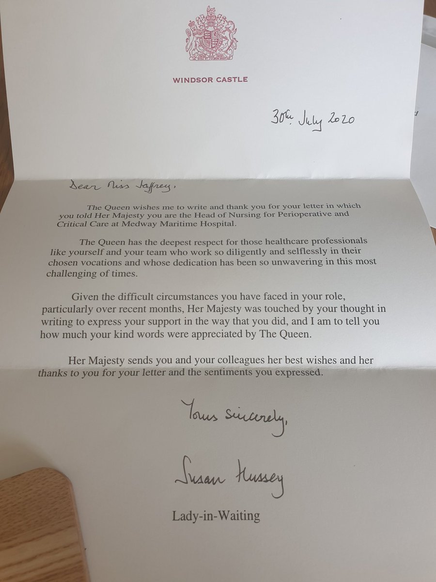 Over the moon to receive a reply from Buckingham Palace! I wrote to Her Majesty about the work we have been doing. What an inspiration!! #godsavethequeen <a href="/medwayresuscit1/">Medway Resuscitation Service</a> <a href="/MedwayCritCare/">Medway Critical Care</a> <a href="/ART_Medway/">Acute Response Team</a> <a href="/LordLawless/">Jamie Lawless</a> <a href="/JaneCox84/">Jane Westhead</a>  <a href="/sarah_hare/">Sarah Hare</a>  <a href="/BestBenn/">Bestben Njoro</a> <a href="/Medway_NHS_FT/">Medway NHS Foundation Trust</a> @JamesDevineNHS