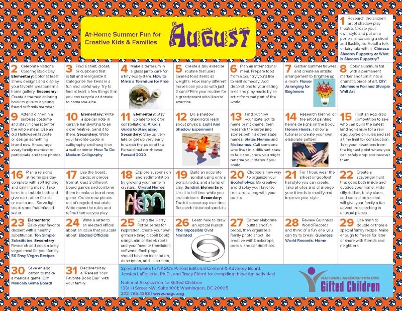 Need ideas to spark #giftedminds? Enjoy 31 days of fun &amp; enrichment for #gifted children &amp; their families from <a href="/NAGCGIFTED/">NAGC</a> bit.ly/At-Home_August #gtchat