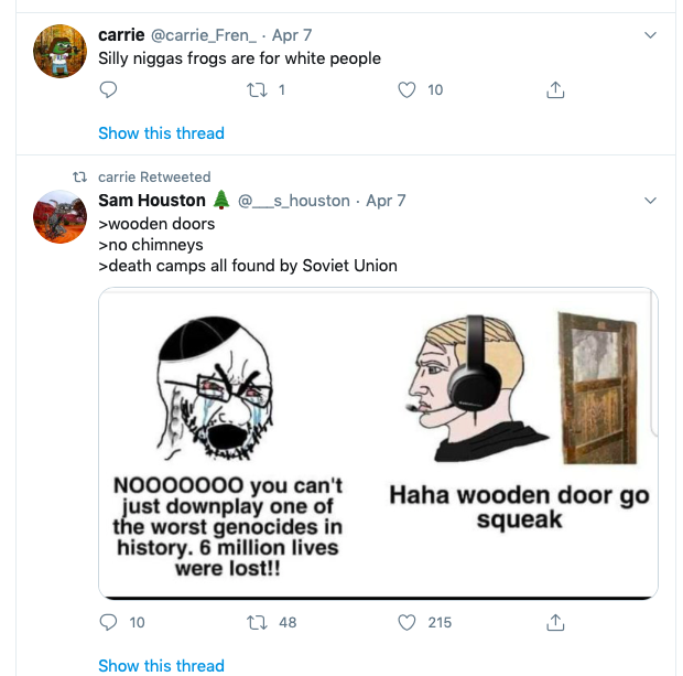 His wife, Carrie A. Abney, also runs a white nationalist Groyper Twitter account. It is far more tame than Corey's but among dumb frog memes still features racism, anti-semitism, and Holocaust Denial13/