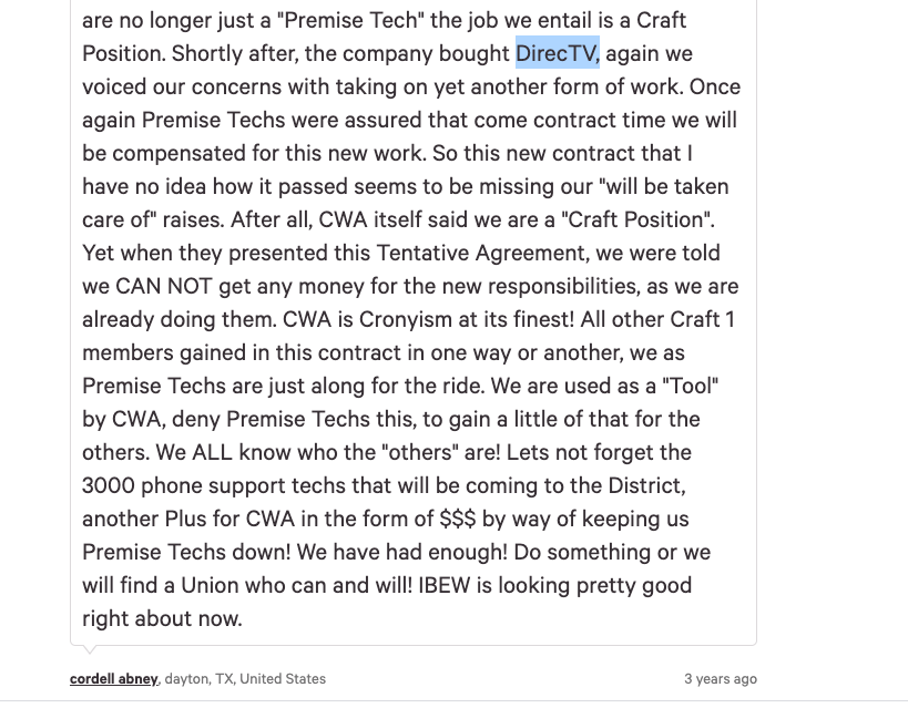 Corey and Carrie Abney live in Dayton, Texas. As seen in earlier screenshots, Corey is employed as a Fiber Technician installing fiberoptic cables. According to this post by Corey on a petition, it appears that Corey was employed by  @DIRECTV and its owners  @ATT 14/