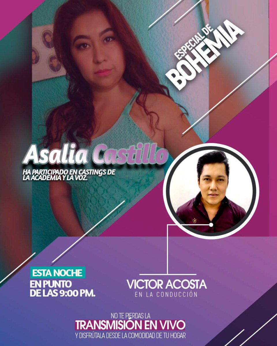 Esta noche de #bohemia, no te pierdas la presentación de Asalia Castillo; destacada cantante huejutlense que ha participado en castings de La Academia y La Voz. 

¡Disfruta de una velada artística! 🎼🎤