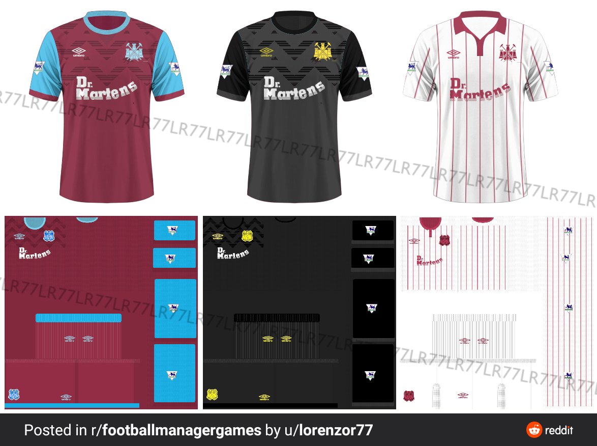fmcustomkits's tweet photo. Hey guys! Here's an amazing combo request 2D + 3D kits ➡️ Retro vibes on these Hammers kits!
#WestHam #hammers #footballmanager #FM20 #getyourkit #fmcreator https://t.co/OJrWwLm9iH