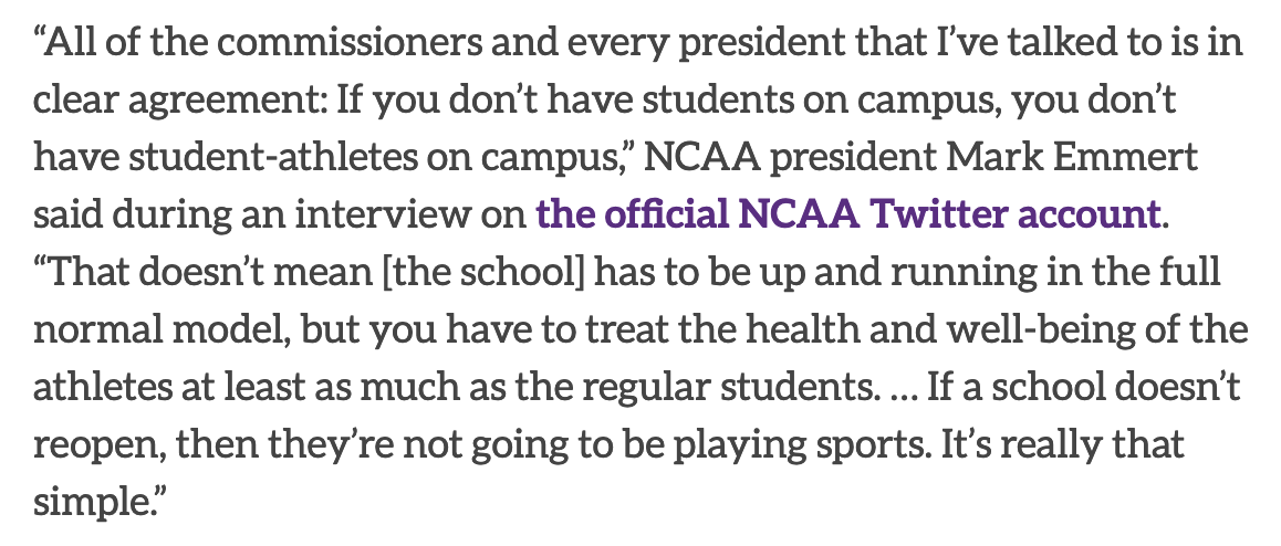 The NCAA, the "governing" body has already said there had to be in-person classes in order for there to be football.It was responsible and honest, but for college DEPENDING on football, it meant there HAD to be in-person classes.There was no going back at that point.5/