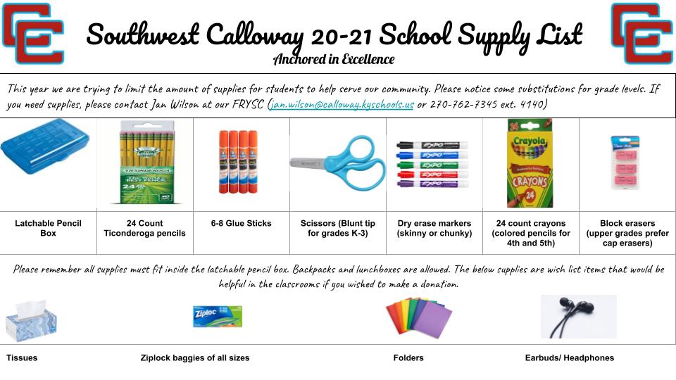 Here is the school supplies list for 20-21. Feel free to email if you have any questions. We really tried to limit as much as we could. Thank you for your support. #timetobeahero #callowayschools