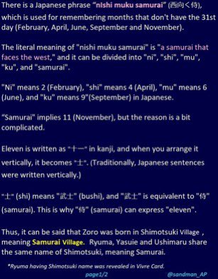 La date de naissance de Zoro est le 11 novembre. Le 11 peut se lire Samurai et novembre en japonais ancienne disait Shimotsuki. Shimotsuki = Samurai => Village des Samourai.