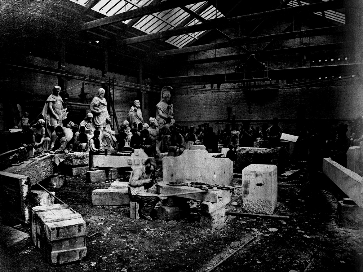 GC_Archives's tweet image. W &amp;amp; G Mossman's works, Cathedral St, with statuary for St Andrew's Halls, c,1875. Almost totally destroyed by fire in 1962, the hall and sculptures, were incorporated, into extension of Mitchell Library.  Archive Ref:  P4159
#Archivesathome #Glasgowlifegoeson #TheMitchellLibrary