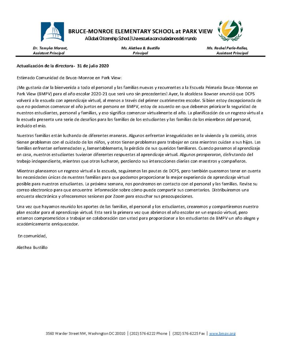 BMPVschool's tweet image. Principal’s Update- July 31, 2020
Actualización de la directora- 31 de julio 2020

🔗bit.ly/3i3qkG5

@dcpublicschools #ReopenStrong #ReabrirConPieFirme @BMPVschool @BMPV_PTU #EscuelasPúblicasdelDistritodeColumbia
