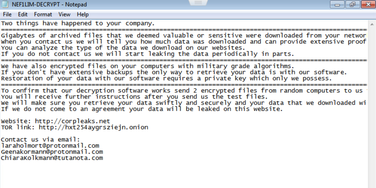 #Nefilim #Ransomware 64bit sample from FR
Hash : 9a59c5c95c68d06ccf2a38cd40d67a40
 Appends .NEF1LIM extension
#threat #Malware <a href="/JAMESWT_MHT/">JAMESWT_MHT</a> <a href="/James_inthe_box/">James</a> <a href="/malwrhunterteam/">MalwareHunterTeam</a> <a href="/VK_Intel/">Vitali Kremez</a> <a href="/Arkbird_SOLG/">Arkbird</a>