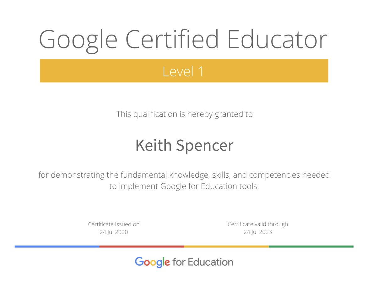 MrSpencerELA's tweet image. Excited to pass my Level 1 exam as a #GoogleEducator! #RemoteLearning #TeacherPrep #SummersAreNeverOff