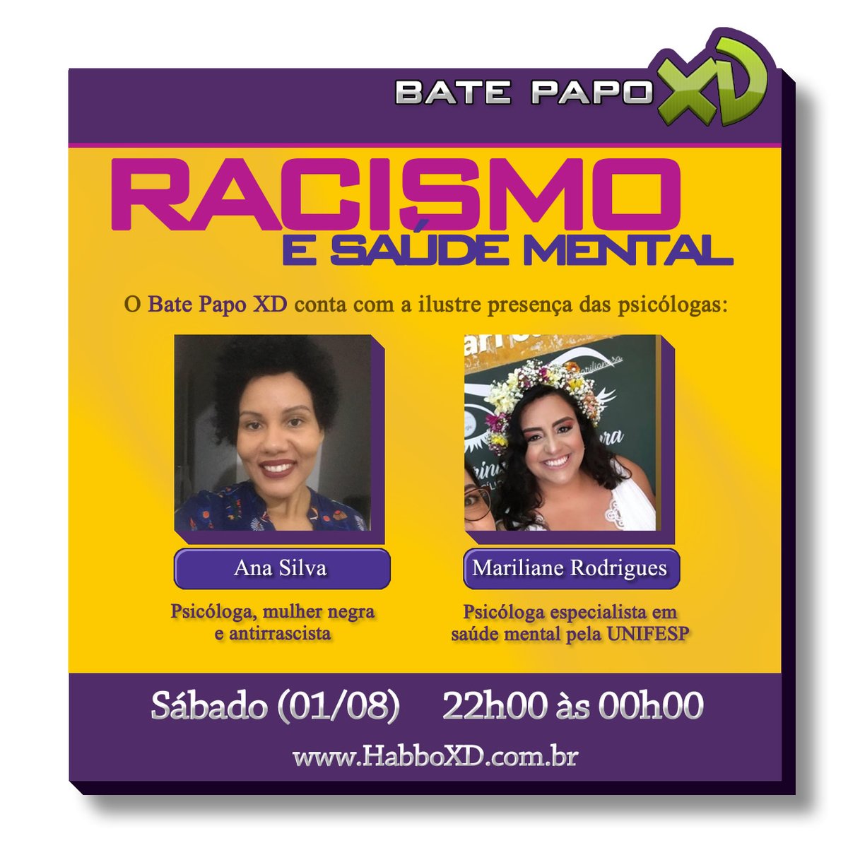 DigaBorges's tweet photo. Hoje tem um super #BatePapoXD com a presença ilustre de #AnaSilva e @mariliane_ debatendo sobre Racismo e saúde mental, representatividade, racismo estrutural e até onde a internet pode ir contra o racismo!

Não vais perder, né? Hoje às 22:00 na @HabboXD 

https://t.co/N3zzt6RSI0 https://t.co/WKWo9be4iH