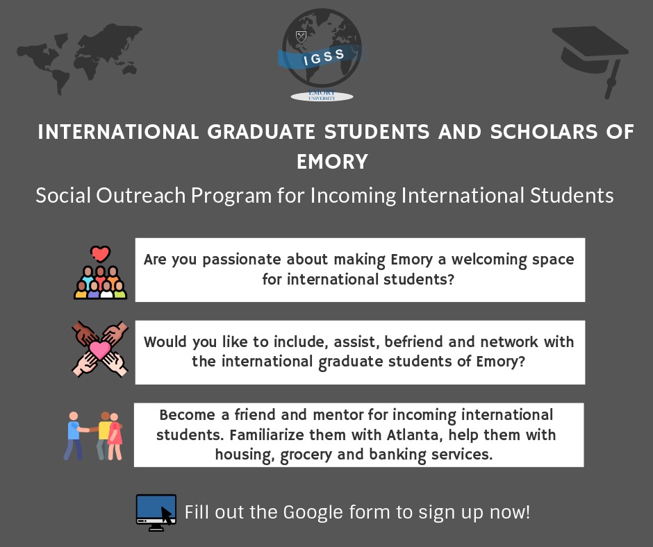 IGSSemory's tweet photo. IGSS will be hosting an international graduate student mentor/mentee program to help the incoming international students have a smooth and enjoyable transition. If you are interested in becoming a mentor for this program, please register! https://t.co/JYCrP5X06o https://t.co/DXCBHiBqvR