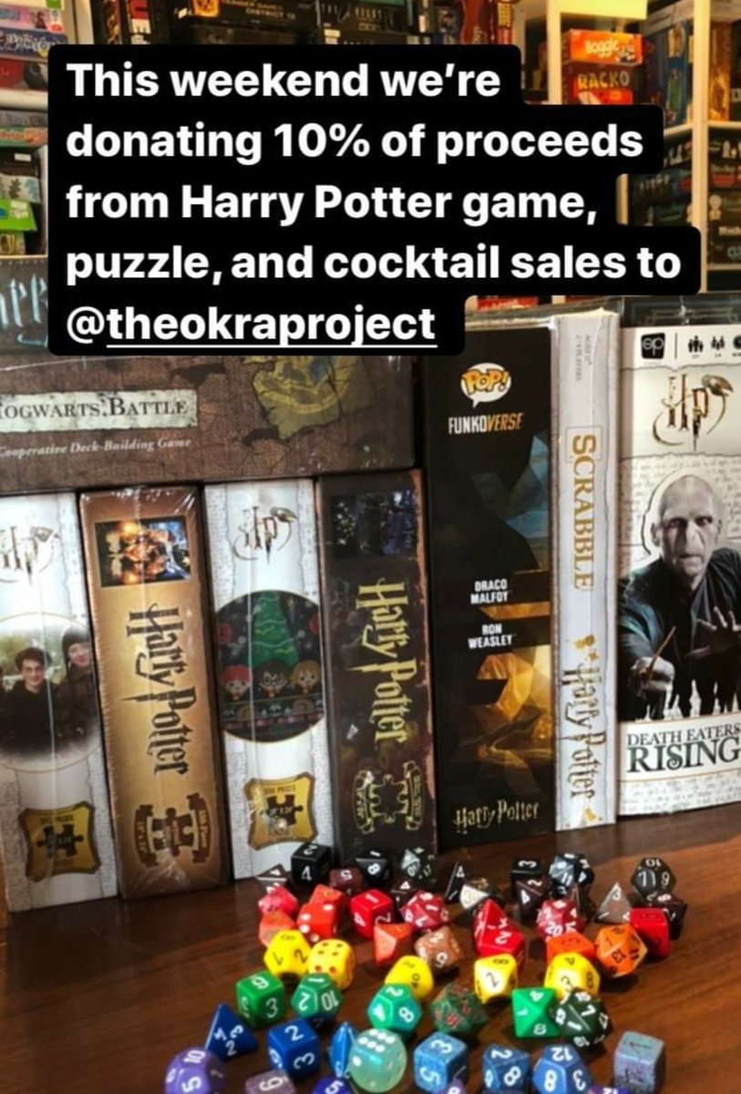 queenrookcafe's tweet photo. This weekend we're donating 10% of proceeds from Harry Potter game, puzzle and cocktail sales to @TheOkraProject! #HappyBirthdayHarryPotter #TransWomenareWomen #theokraproject https://t.co/SKLVReDiwk