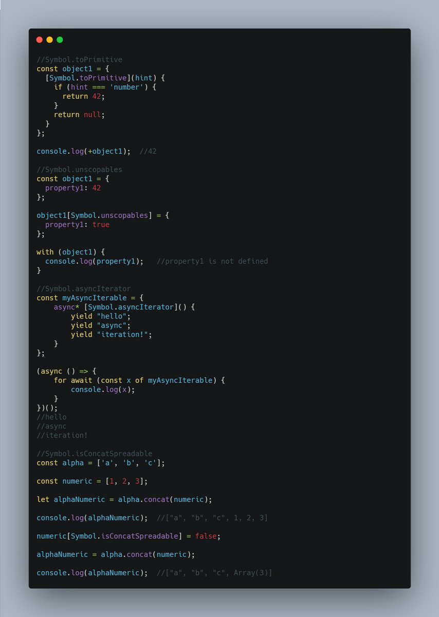 frontend_fox's tweet image. Day 92 of the #100DaysOfCode challenge.
Symbol.toPrimitive, Symbol.unscopables, Symbol.asyncIterator & Symbol.isConcatSpreadable in javascript.
#javascript #reactjs #FrontEnd #womenintech #WomenWhoCode