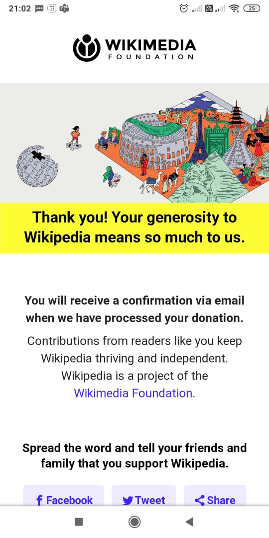 Nishant_Jain_'s tweet photo. Was surprised to know 98% of the readers don't donate.

@Wikipedia , in many ways, has helped me become the person I am today. 

Feeling good to donate in my humble capacity.

#SupportFreeKnowledge #Donate https://t.co/5D307h4Vxk