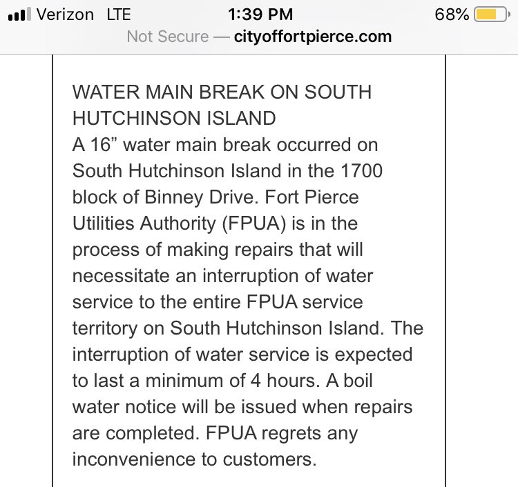 Water main break on South Hutchinson Island. At least fours to complete the repairs and then a boil water notice expected. The island is under a hurricane warning.