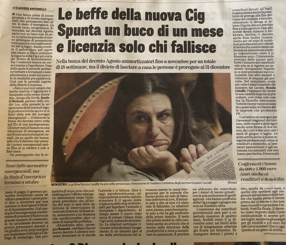 Mio intervento su <a href="/LaVeritaWeb/">La Verità</a> di oggi in tema di #DecretoAgosto. #Covid_19 #licenziamenti #cassaintegrazione