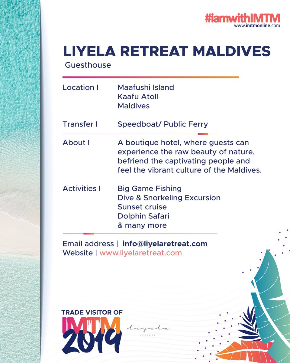 imtmonline's tweet photo. Highlight @liyelaretreatmaldives Trade Visitor of IMTM 2019.
.
๐ธ @seefromthesky
#IMTM #IMTM2019 #LuxuryTravel #iamwithimtm #AffordableTravel #Resorts #Guesthouses #Liveaboards #Hotels #VisitMaldives #maldives https://t.co/jQgAX6tmP5