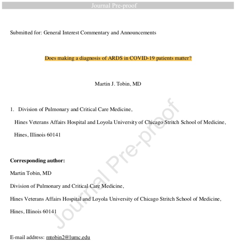 Martin Tobin strikes again, with a painfully incisive editorial on whether COVID-19 is ARDS. this discussion is worth having, to debunk some mis-conceptions surrounding the concept of ARDS...(1/6). (full article:  https://bit.ly/39NzbZB )