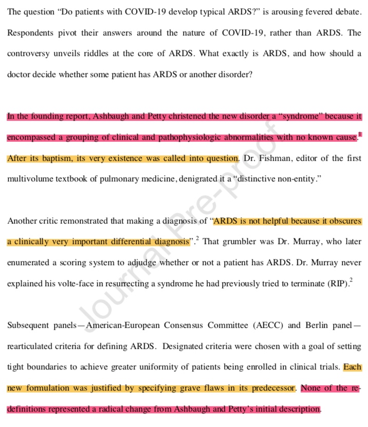 ARDS isn't a disease, it's a *syndrome* (an empiric grouping of abnormalities with no defined etiology). the utility of this syndrome has long been debatable. ARDS has evolved through a series of consensus definitions, which nonetheless remain profoundly flawed. (2/6)