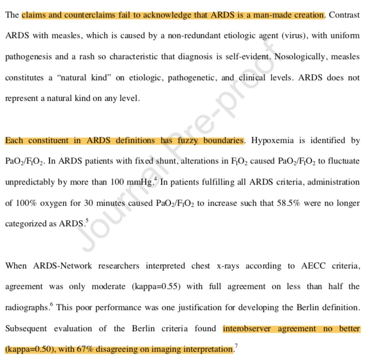 ARDS isn't a disease, it's a *syndrome* (an empiric grouping of abnormalities with no defined etiology). the utility of this syndrome has long been debatable. ARDS has evolved through a series of consensus definitions, which nonetheless remain profoundly flawed. (2/6)