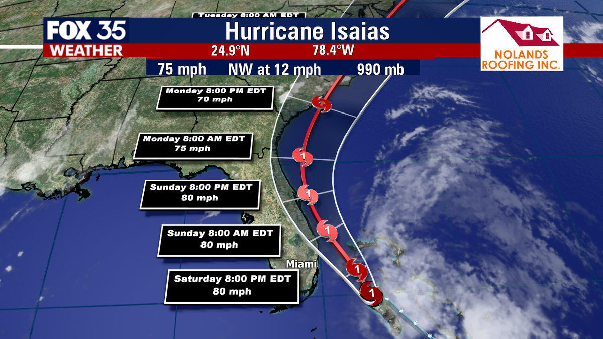 KristinGiannas's tweet photo. 2PM: #Isaias will approach the SE Coast of #Florida tonight @fox35orlando https://t.co/IVAXGN02Aq