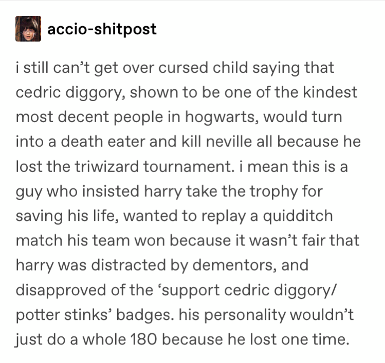 MuggleNet's tweet photo. How do you feel about Cedric Diggory's portrayal in "Cursed Child"? Do you think he could have gone to Team Voldemort?
#CedricDiggory #Voldemort #VoldemortDay https://t.co/CYFb15pKBY