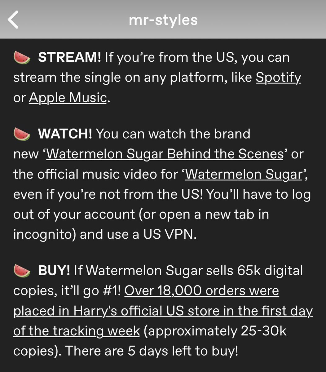 disceases's tweet image. PLEASE PLEASE STREAM AND BUY WATERMELON SUGAR THIS IS HARRY’S CHANCE TO GET HIS FIRST #1!!! HERES SOME INFO OF HOW YOU CAN DO IT. REMEMBER IF YOURE AN INTERNATIONAL FAN USE A US ADRESS TO BUY!