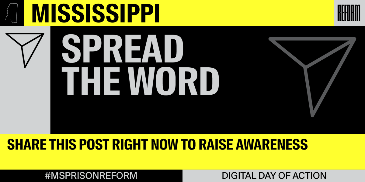 REFORM's tweet photo. 📣 WE NEED YOUR HELP IN MISSISSIPPI! We can still pass smart prison reform THIS YEAR in 3 STEPS:
1. TAKE ACTION 💻 Send a quick email to lawmakers to pass #SB2123: https://t.co/WQRgFTleq2.
2. SPREAD THE WORD 🗣 Retweet!
3. TELL YOUR FRIENDS 👨👧👧 Tag 3 friends!
#MSPrisonREFORM https://t.co/tFqijTElfX