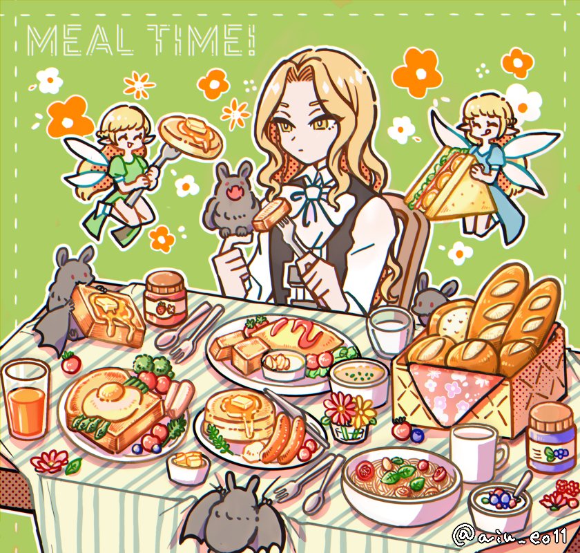 food bread fork fairy blonde hair salad multiple girls  illustration images