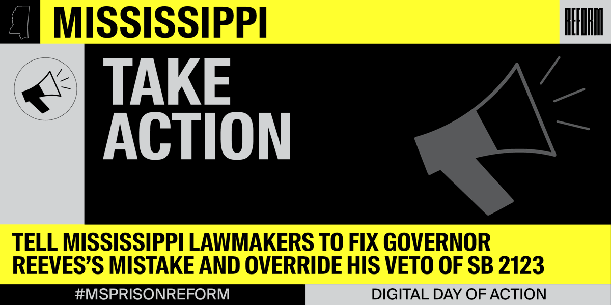 REFORM's tweet photo. 📣 WE NEED YOUR HELP IN MISSISSIPPI! We can still pass smart prison reform THIS YEAR in 3 STEPS:
1. TAKE ACTION 💻 Send a quick email to lawmakers to pass #SB2123: https://t.co/WQRgFTleq2.
2. SPREAD THE WORD 🗣 Retweet!
3. TELL YOUR FRIENDS 👨👧👧 Tag 3 friends!
#MSPrisonREFORM https://t.co/tFqijTElfX