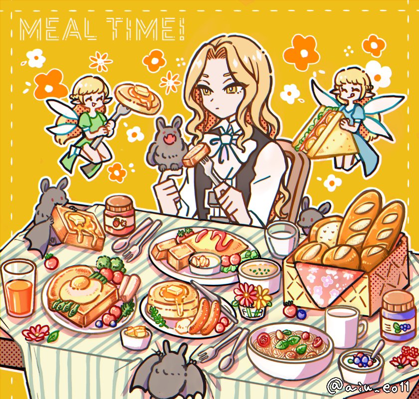 food bread fork fairy blonde hair salad multiple girls  illustration images