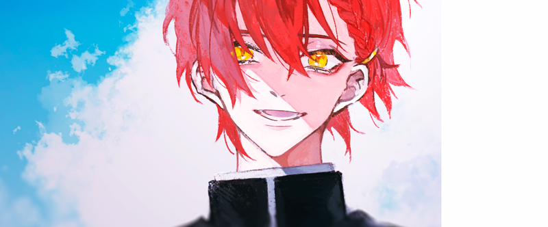 1boy male focus solo yellow eyes red hair smile braid  illustration images