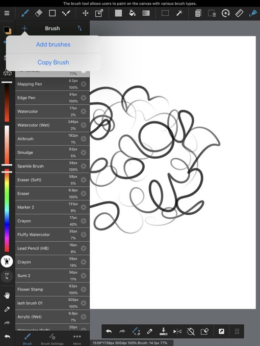 @chachartt first make the brush pattern, ive noticed drawing it in a circular shape has the best results, then save it to your device as a transparent png. add brushes > bitmap watercolor>select image to add! then play arnd w the settings until it looks good for you 