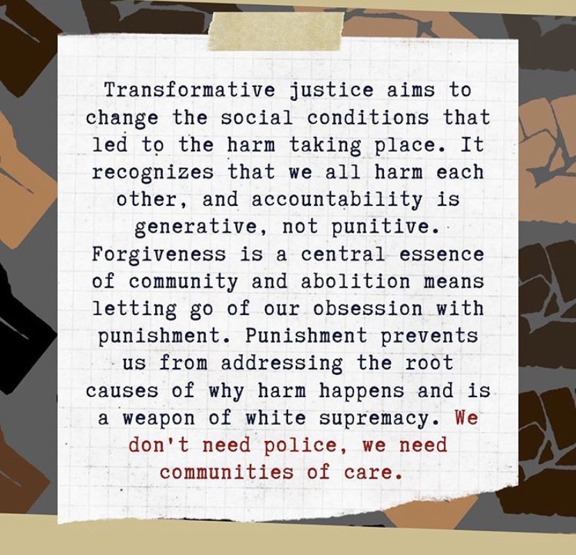 To that end, we also uplift and support organizations working towards transformative justice and implementing those practices in our own communities Graphics reposted from  @copsoutofNU 9/