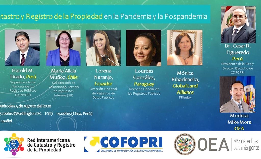 lelizgonza's tweet photo. Acompañanos este miércoles 5 de agosto en el Conversatorio sobre Catastro y Registro de la Propiedad en la Pandemia y la Pospandemia de la Red Interamericana de Catastro y Registro de la Propiedad. #OEA #COFOPRI #SUNARP #SII #DINARDAP #PRINDEX #PARAGUAY #CHILE #PERU #ECUADOR https://t.co/6dTqe2mSed