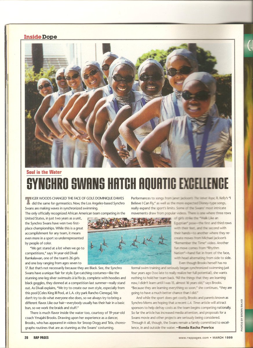 rondaracha's tweet photo. @JasmynBeKnowing The response to this is so dope that I went to my archives & found these ladies, the #SynchroSwans. I had to fight to get them in #RapPages back in 1999. I didn't do it b/c they were Blk but b/c they were amazing. Their coach Ymajahi Brooks was just 19! #StraightOuttaCrenshaw https://t.co/D7VpIkfUPz