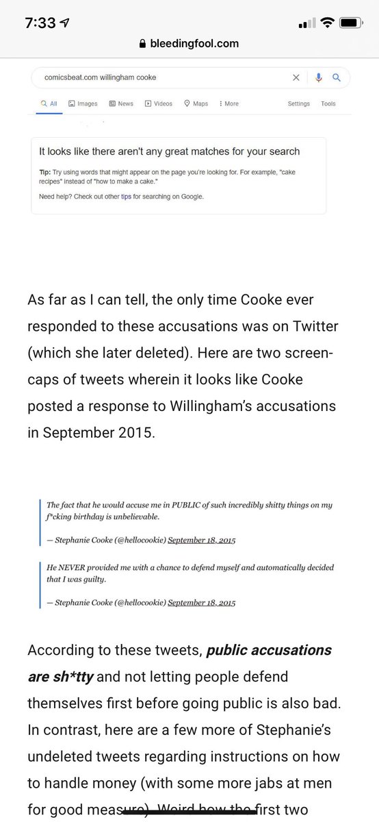 The whole thing is so fucking ugly and hateful. Like this part right here, where they openly misprepresent Cooke’s tweets as saying “public accusations are shitty”. That’s NOT what she was saying, in fact: she was hurt that his immediate reaction was to blame her.