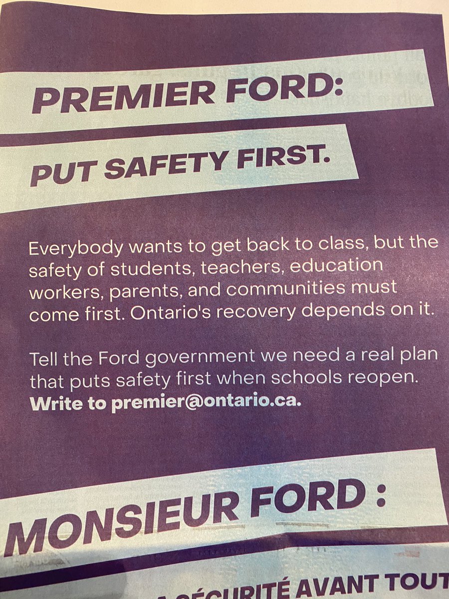 jdeq's tweet photo. Page 5 of today’s Toronto Star - a message to @fordnation from the four teacher and education worker affiliates - put safety first! #etfo #arfo #oecta #osstf https://t.co/zymY8T6zuy