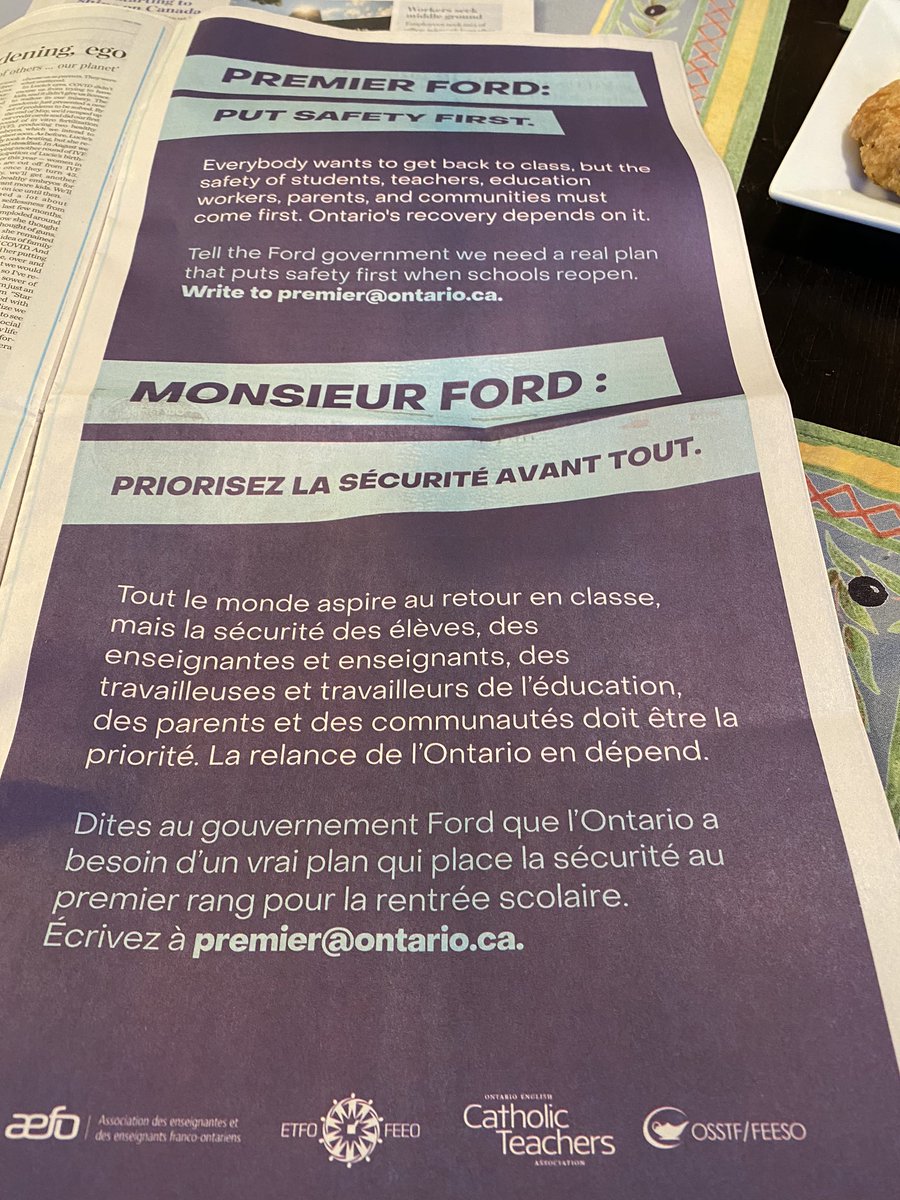 jdeq's tweet photo. Page 5 of today’s Toronto Star - a message to @fordnation from the four teacher and education worker affiliates - put safety first! #etfo #arfo #oecta #osstf https://t.co/zymY8T6zuy