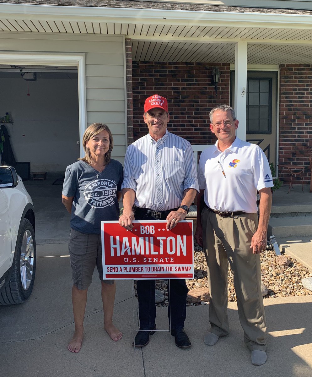 HamiltonforKS's tweet photo. We’re in Emporia talking to press and voters ahead of the Republican primary on Tuesday! Send in a plumber to drain the swamp! #kssen #ksleg https://t.co/wbcOm4H3tl