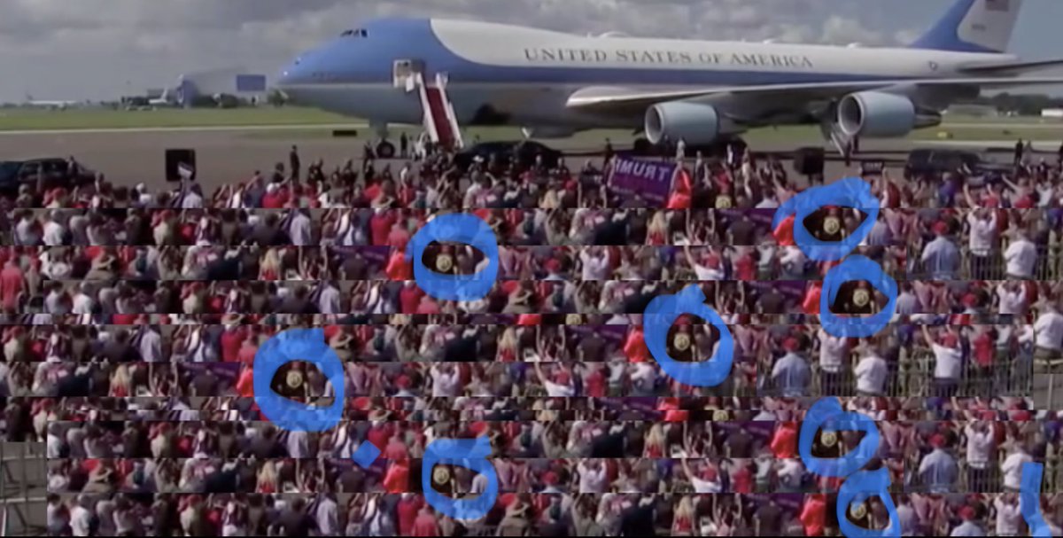 A few dozen people turned out yesterday afternoon in FL to hear Tя☭mp upon his arrival. Pic 1: Wide shot of actual crowd. Pic 2: White House released image of the event. Pics 3 & 4: Notations of the same people cut and pasted into the image to make the crowd bigger. #TrumpLies
