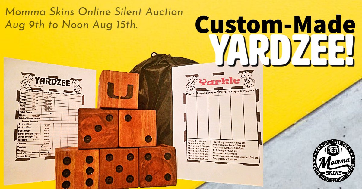 Another fun item you'll want to bid on in the upcoming #MommaSkins Annual Silent Auction... Custom-Made Yardzee!  

Silent Auction will open this Sunday August 9th at noon - keep watching for details! #UnionFB