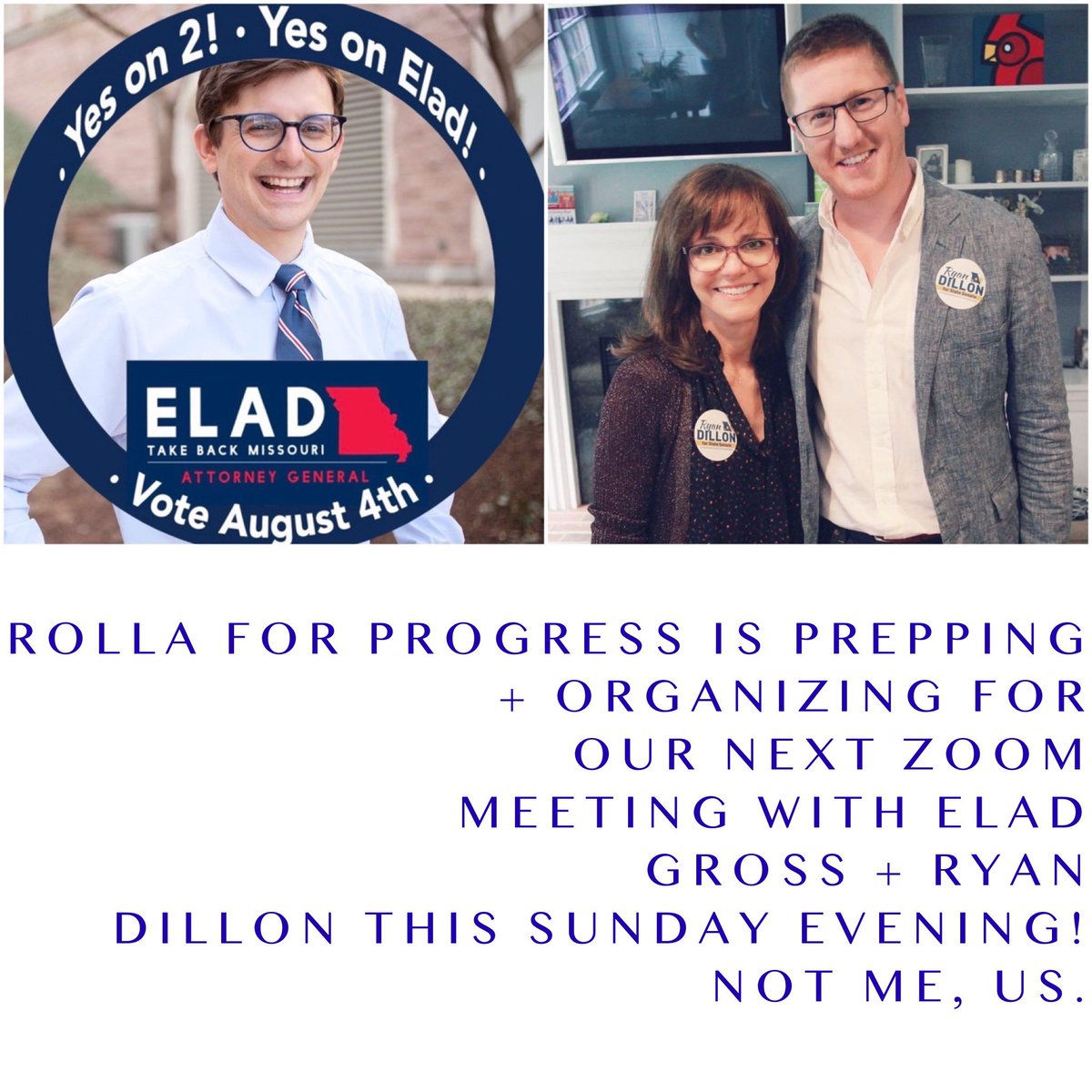 wellnessbruja's tweet photo. Excited to chat with Elad and Ryan tomorrow evening! Working together towards MO’s future. @rollaforprogress @bigelad #getoutandvote #august4 #elections #rollaforprogress #voteyeson2 https://t.co/fQaYQv4n0T