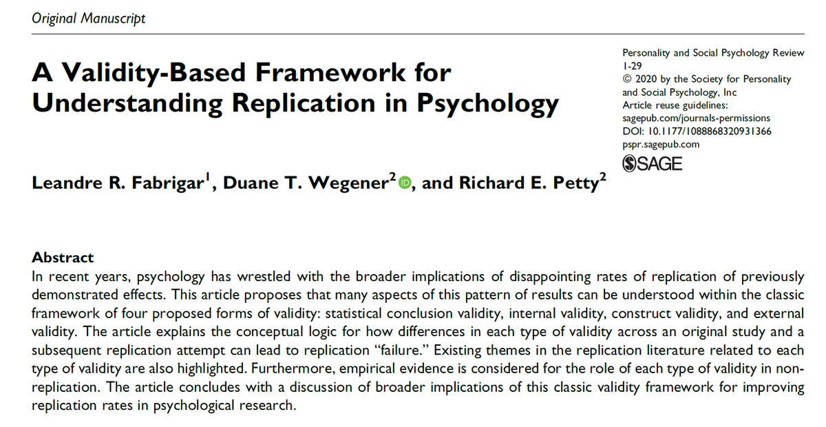 I feel like doing a brief live tweet reading thread of this paper: A Validity-Based Framework for Understanding Replication in Psychology  https://journals.sagepub.com/doi/abs/10.1177/10888683209313661/