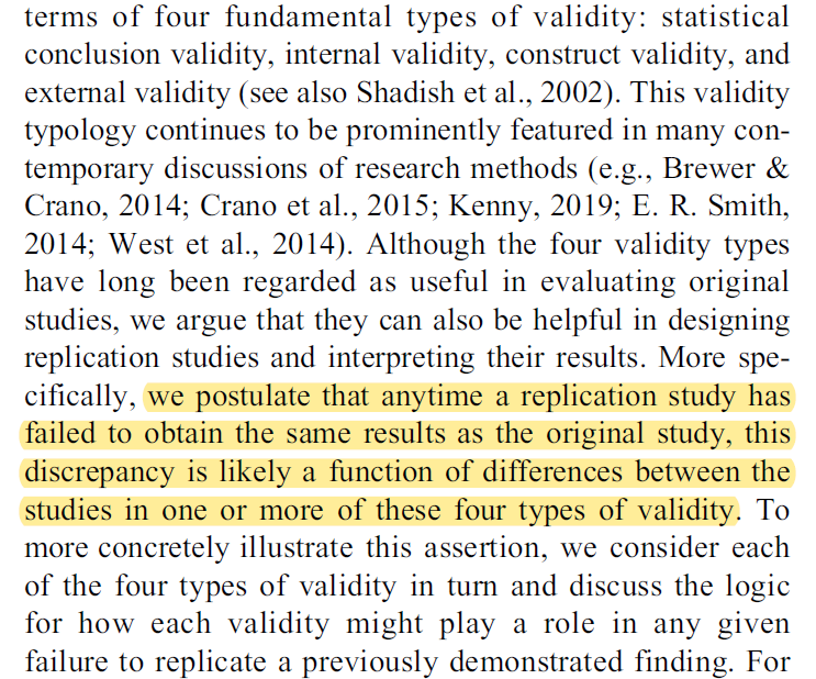 Their proposal is a(nother!) framework or "lens" to evaluate failed replications across 4 types of validity to identify the potential ways in which the replication study differed that could explain the failed replication.3/