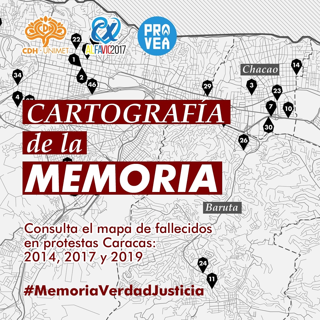 #1agosto Divulgamos “Cartografía de la memoria”, mapa de los asesinados en Caracas en protestas del 2014, 2017 y 2019.

Descárgalo en el link de nuestra bio

Realizado junto a <a href="/_Provea/">PROVEA</a> y <a href="/Alfavic2017/">Alianza de Familiares y Víctimas 2017 (Alfavic)</a>

#MemoriaVerdadJusticia