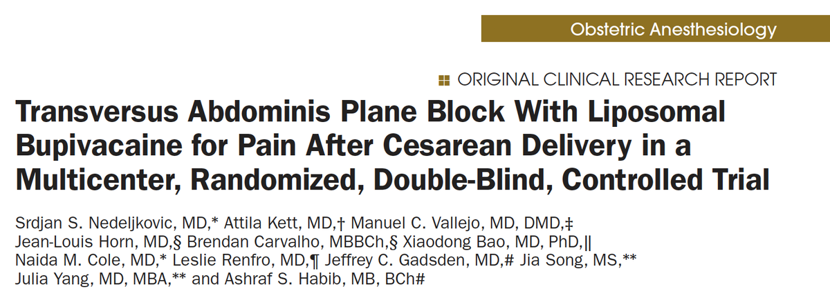 Important new study just out in <a href="/IARS_Journals/">Anesthesia&Analgesia</a> from a multicenter group of collaborators, including Dr. Naida Cole. TAP block with liposomal bupivacaine + intrathecal morphine + multimodal protocol reduces opioid use after cesarean delivery.
