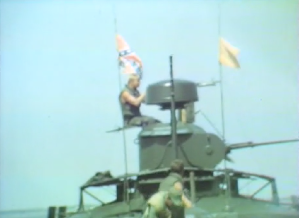My big find of the day. 1970 film showing a U.S. Navy patrol boat in Vietnam flying a Confederate flag. I say "find" advisedly; because the flag is noted in a description made by a sharp-eyed cataloger at  @NMAAHC. This is the  @amarchivepub streaming link. https://americanarchive.org/catalog/cpb-aacip-512-3x83j39t5x