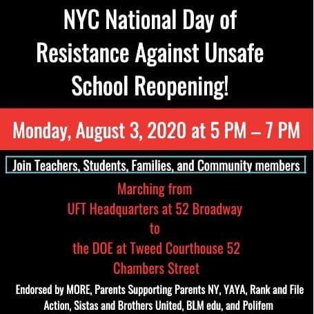 council_14's tweet photo. August 3-6 parents, teachers &amp; students are making moves! Join @AQE_NY @MOREcaucusUFT &amp; more for a day of action against unsafe reopening, join D14 PC, #CEC14 &amp; leadership for a parent forum &amp; join MORE (they be working!)@safeschoolsny &amp; science experts for this Thur #ParentPower https://t.co/a9OvA1oMIu