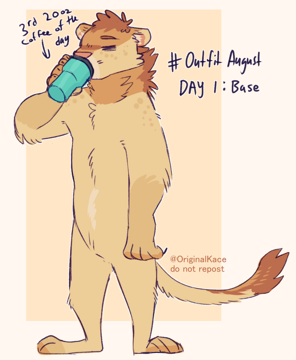I wanted to try doing #OutfitAugust to finally put some clothes on this cat, but the first day is "Base" so here's another nakey draw 🦁